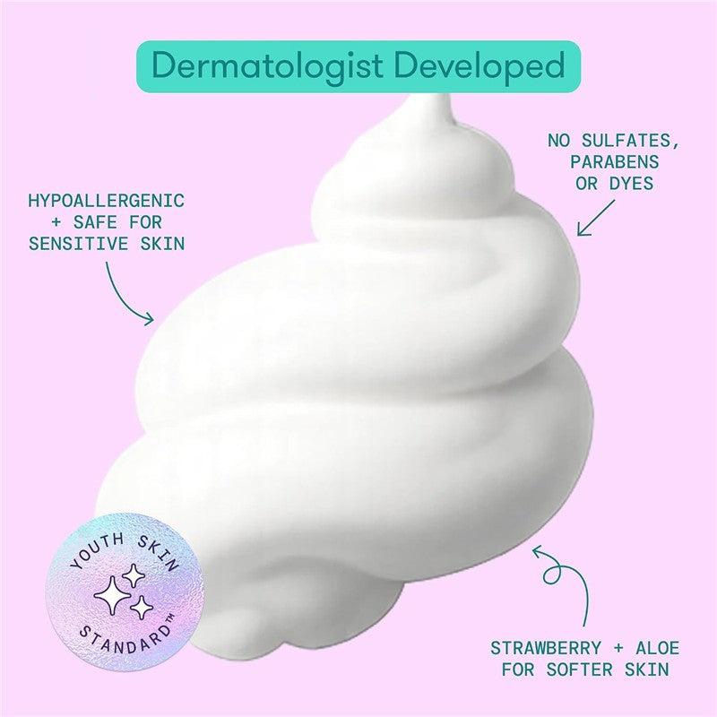 Whipped body wash foam with text highlighting its dermatologist development, hypoallergenic properties, and strawberry-aloe formulation.