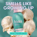 Frida for Kids Whipped Body Wash in a turquoise bottle, featuring aloe and vanilla bean scent, with ice cream backdrop.