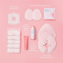 Frida Mom 13Pk Breastfeeding Survival Kit includes nursing pads, nipple balm, saline spray, and relief packs on a pink background.