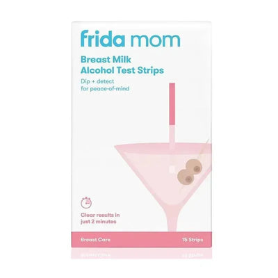 Frida Mom Breast Milk Alcohol Test Strips box, featuring a pink martini glass illustration and text about alcohol detection.