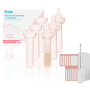 Frida Mom 15Pk Colostrum Collection Kit featuring pink storage containers, a measuring vial with liquid, stickers, and a cleaning brush.