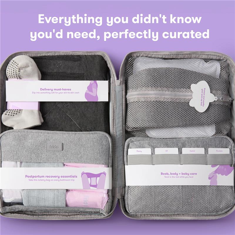Frida Mom 30Pk travel bag displaying postpartum recovery essentials, with labeled compartments and soft items visible inside.