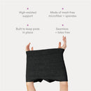 High-waisted black boyshort panties made of microfiber and spandex, showcasing features like seamless design and pad support.