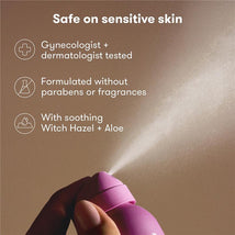 Frida Mom Anesthetic Spray bottle being sprayed, highlighting safety for sensitive skin with key benefits listed.
