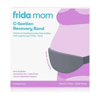 Frida Mom C-Section Recovery Band packaging, featuring a soft gray band and infographics highlighting postpartum support and removable hot/cold packs.