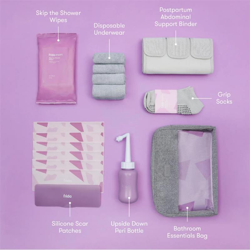 Frida Mom C-Section Recovery Kit includes postpartum essentials: wipes, underwear, support binder, grip socks, scar patches, peri bottle, and a bag.