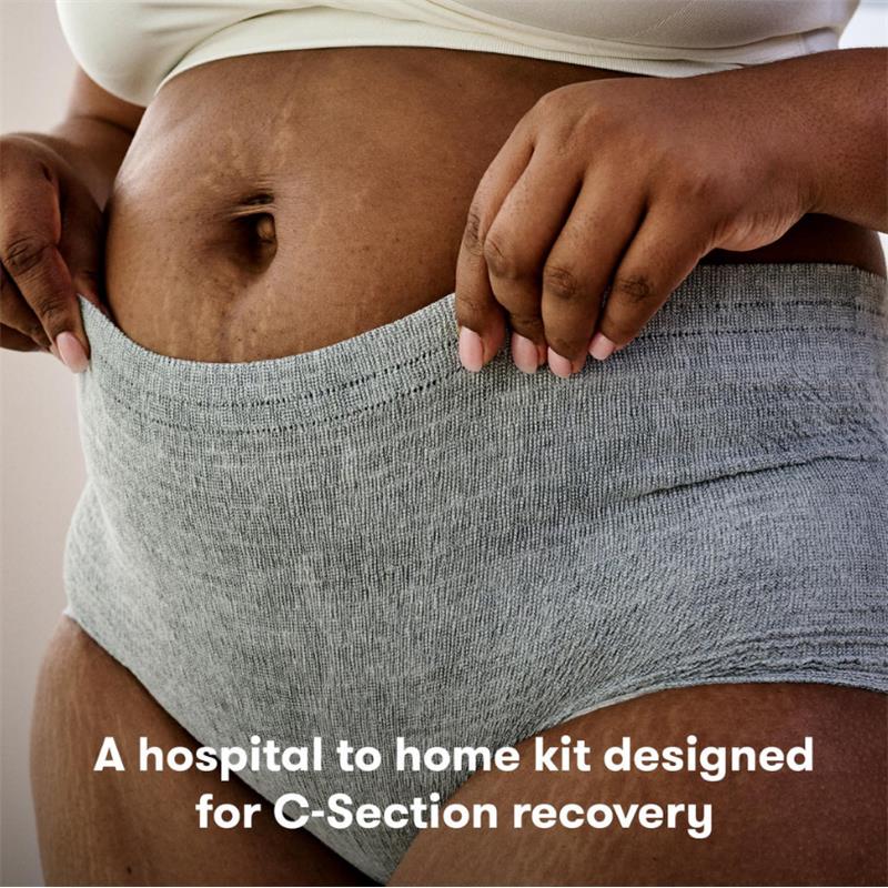C-Section Recovery Kit includes a pair of high-waisted, stretchy gray undergarments worn by a woman.