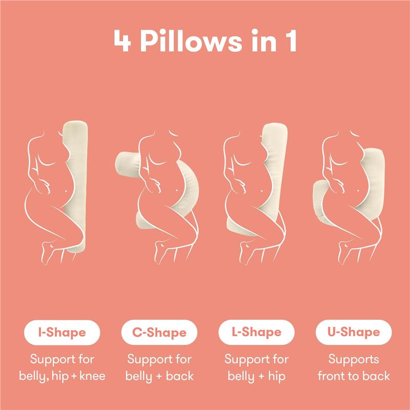Frida Mom 4-in-1 Cooling Pregnancy Pillow in ivory illustrating four supportive shapes: I, C, L, and U for various body needs.