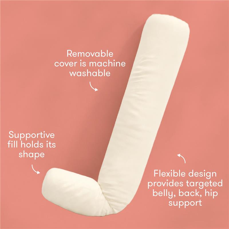 Compact 4-in-1 Cooling Pregnancy Pillow in ivory, with a flexible design for belly, back, and hip support. Features a removable, washable cover.