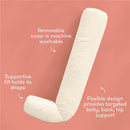 Compact 4-in-1 Cooling Pregnancy Pillow in ivory, with a flexible design for belly, back, and hip support. Features a removable, washable cover.