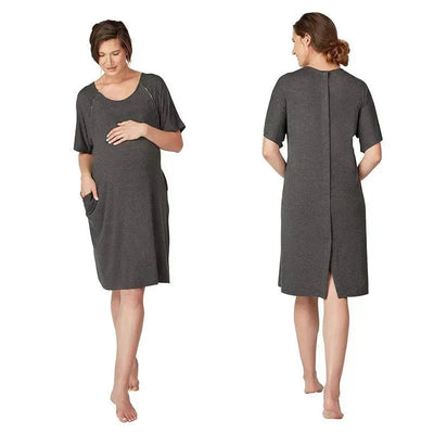 Frida Mom Delivery & Nursing Gown in dark gray, featuring a relaxed fit, short sleeves, side pockets, and a back vent.