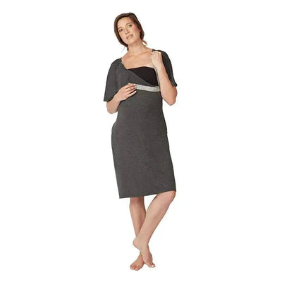 Frida Mom delivery and nursing gown in dark gray, featuring short sleeves and a functional nursing access design.