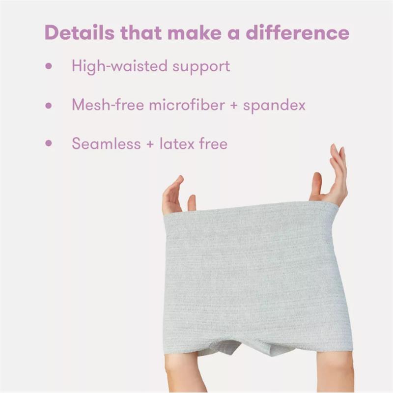 High-waisted grey postpartum underwear made of mesh-free microfiber and spandex, shown held up with hands.