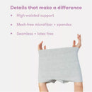 High-waisted grey postpartum underwear made of mesh-free microfiber and spandex, shown held up with hands.