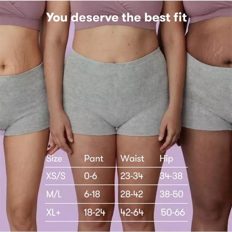Grey disposable postpartum underwear displayed on three models with a size chart indicating fit guidelines.