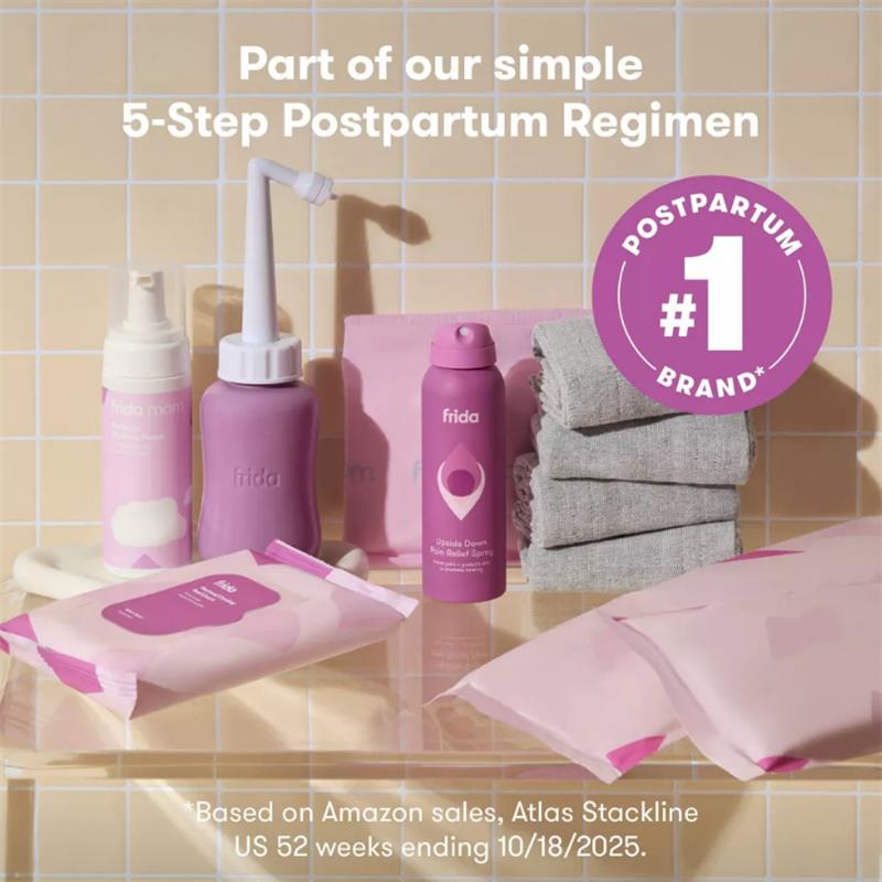 Frida Mom postpartum care products including disposable underwear, sprays, wipes, and towels on a light tile background.