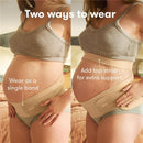 Frida Mom Dual Support Pregnancy Belly Band displayed on a pregnant model, showcasing two wear options with instructional text.