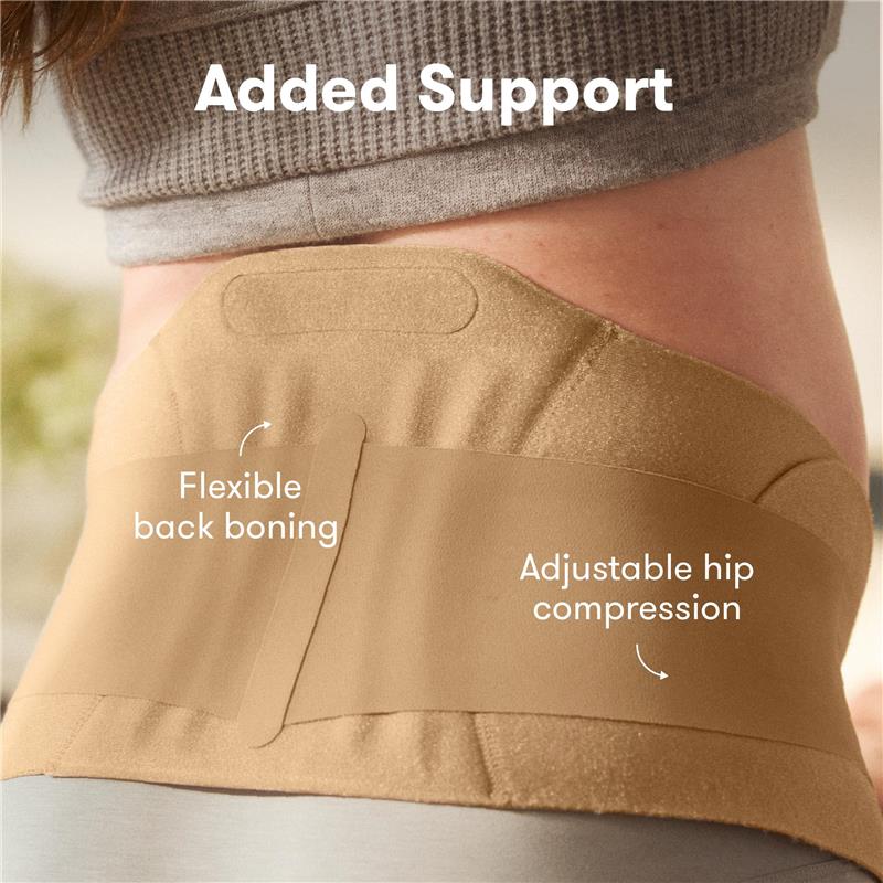 Frida Mom Dual Support Pregnancy Belly Band in clay color, highlighting flexible back boning and adjustable hip compression features.