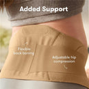 Frida Mom Dual Support Pregnancy Belly Band in clay color, highlighting flexible back boning and adjustable hip compression features.