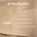Frida Mom Dual Support Pregnancy Belly Band in clay color, featuring soft, breathable fabric with benefits listed.