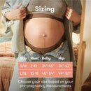 Frida Mom Dual Support Pregnancy Belly Band in cocoa color, displaying sizing information for S/M and L/XL options.