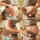 Frida Mom Dual Support Pregnancy Belly Band in cocoa, demonstrating steps to apply for support: top band, bottom band, compression, and adjustment.