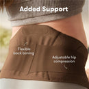 Frida Mom Dual Support Pregnancy Belly Band in cocoa color, featuring flexible back boning and adjustable hip compression.