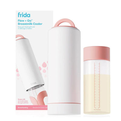Frida Mom Flow + Go Breastmilk Cooler, a white container with pink accents, keeping milk cold for breastfeeding.