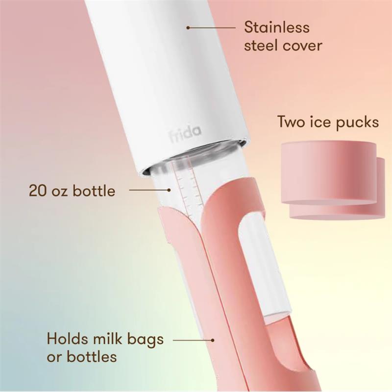 Frida Mom Flow + Go Breastmilk Cooler with a 20 oz bottle, stainless steel cover, and holder for milk bags or bottles.