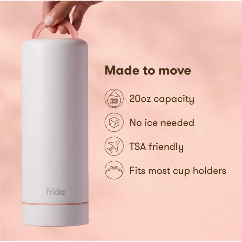 Frida Mom Flow + Go Breastmilk Cooler in white with a pink handle, highlighting its 20oz capacity and TSA-friendly features.