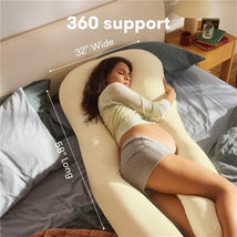 Frida Mom Full Body Support Cooling Pregnancy Pillow, providing 360-degree comfort for expectant mothers, dimensions shown.