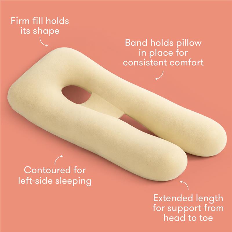 Frida Mom Full Body Support Cooling Pregnancy Pillow, contoured with a central hole, firm fill, and band for stability.