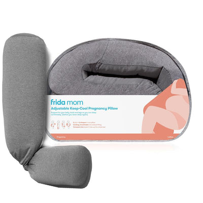 Adjustable gray pregnancy body pillow by Frida Mom, designed for comfort with cooling filling, compact size, and support for belly and back.