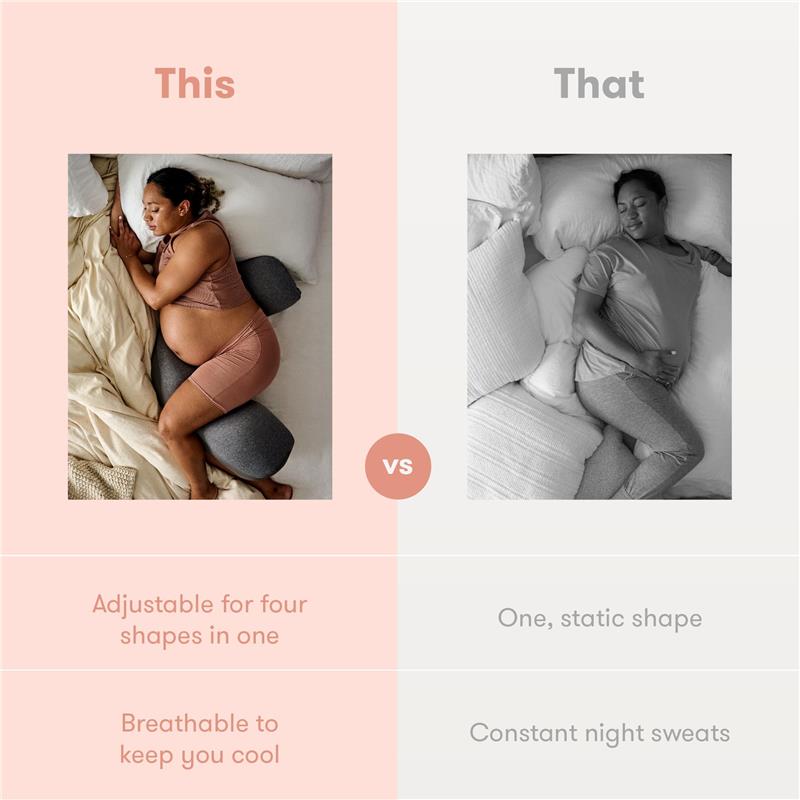 Pregnant woman resting on a Frida Mom adjustable gray body pillow, with a comparison to a standard pillow showing advantages.