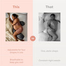 Pregnant woman resting on a Frida Mom adjustable gray body pillow, with a comparison to a standard pillow showing advantages.