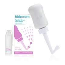 Frida Mom Upside Down Peri Bottle in gray with a travel bag, designed for postpartum care, displayed beside its packaging.