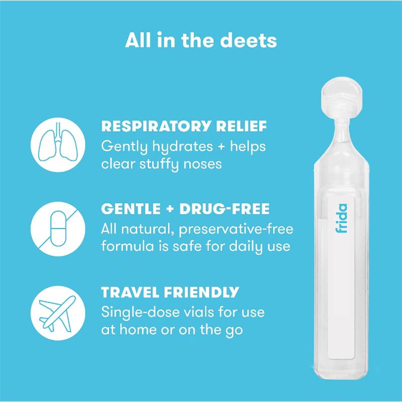 Sterile saline vials from Fridababy, designed for respiratory relief and gentle, drug-free use, with travel-friendly single doses.