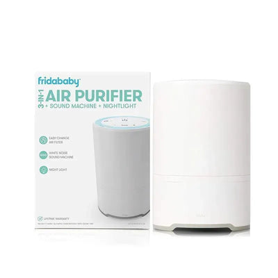 Fridababy 3-in-1 Air Purifier, Sound Machine, and Nightlight with easy change air filter, white noise function, and night light feature.
