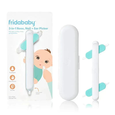 Fridababy 3-in-1 Nose, Nail + Ear Picker, designed for baby care, featuring a storage case and visible cleaning tools.