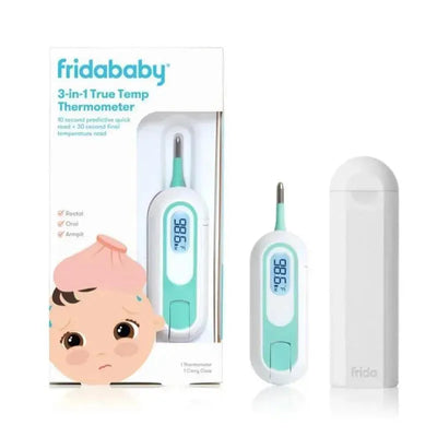Fridababy 3-in-1 True Temp Thermometer with digital display, for rectal, oral, or armpit use, includes carrying case.