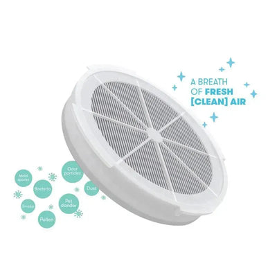 Fridababy air purifier replacement filter, featuring a gray mesh design with text promoting fresh air cleaning.