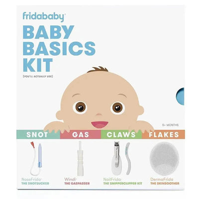 Fridababy Baby Basics Kit packaging featuring a cartoon baby face and labeled items: NoseFrida, Windi, NailFrida, and DermaFrida.