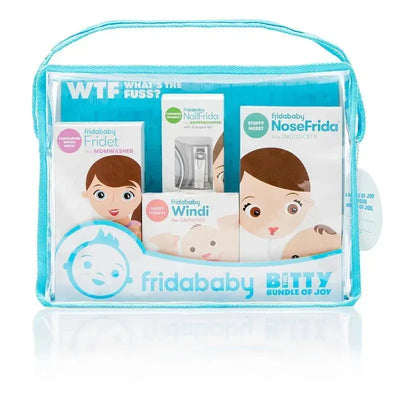 Fridababy Bitty Bundle of Joy, including Fridet, NailFrida, Windi, and NoseFrida in a transparent pouch.