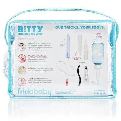 Fridababy Bitty Bundle of Joy kit includes essential baby care tools: SnotSucker, GasPasser, SnipperClippers, and MomWasher.