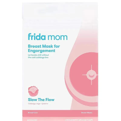 Frida Mom Breast Mask for Engorgement packaging, featuring text on purpose and ingredients: cabbage, sage, jasmine.