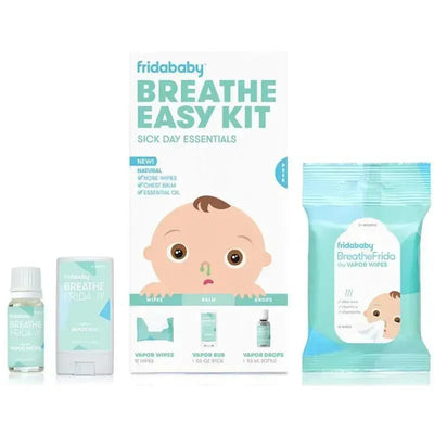 Fridababy Breathe Easy Kit includes vapor wipes, chest balm, and essential oil for relieving congestion in babies.