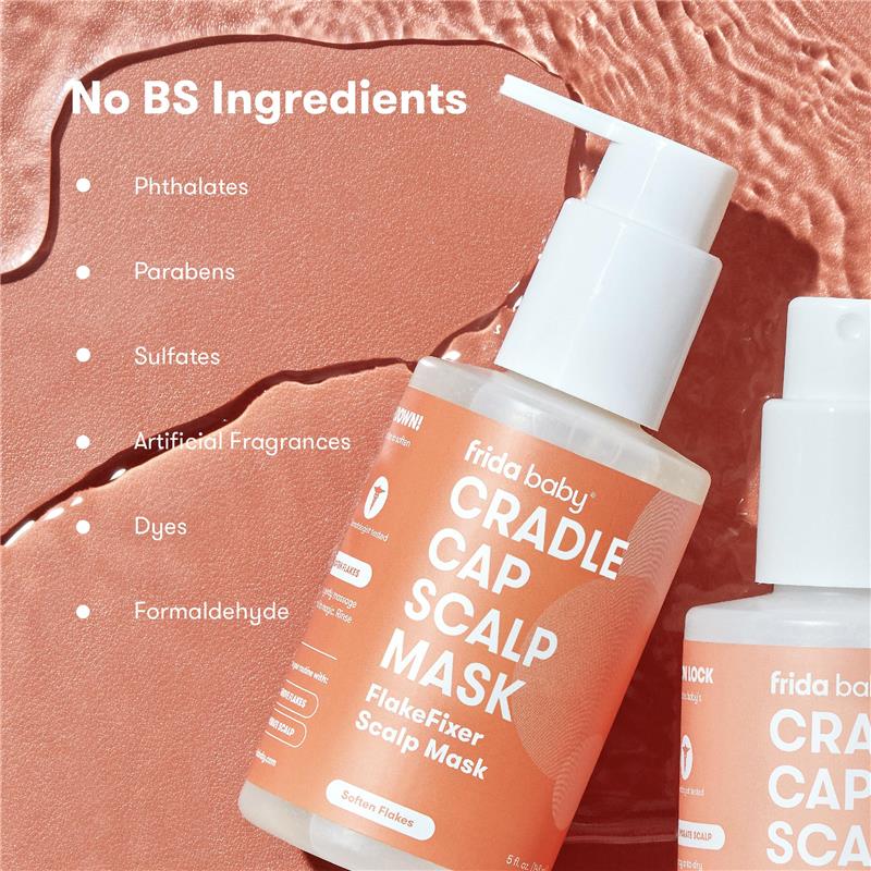 FridaBaby Cradle Cap Scalp Mask bottle on a textured background, highlighting no harmful ingredients like phthalates and parabens.
