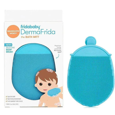 Fridababy DermaFrida The Bath Mitt, a blue silicone bathing brush, featured alongside a child illustration on the packaging.