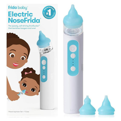 Electric Nasal Aspirator NoseFrida with blue tips and controls, displayed alongside its box featuring a child and caregiver illustration.