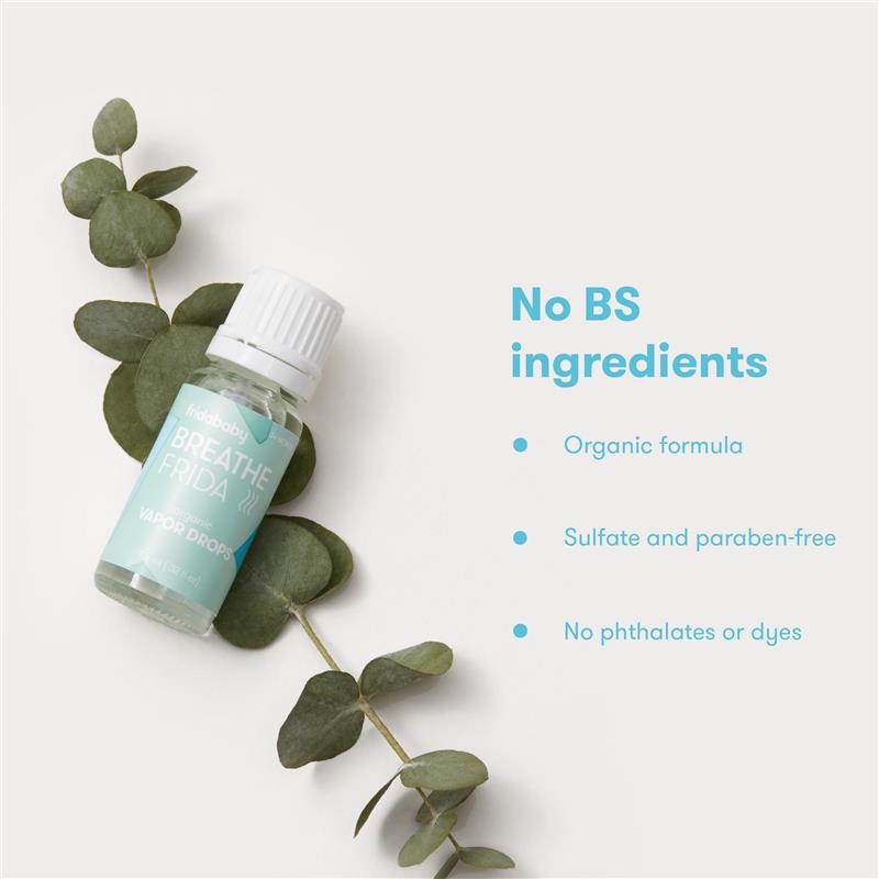 FridaBaby Eucalyptus & Lavender Essential Oil bottle beside eucalyptus leaves, highlighting its organic, sulfate-free formula.